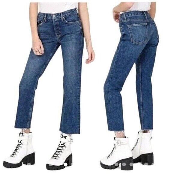 Zara Women’s Blue Straight Leg High Waisted Raw Hem Jeans Size 4 Dark Wash - Picture 1 of 14